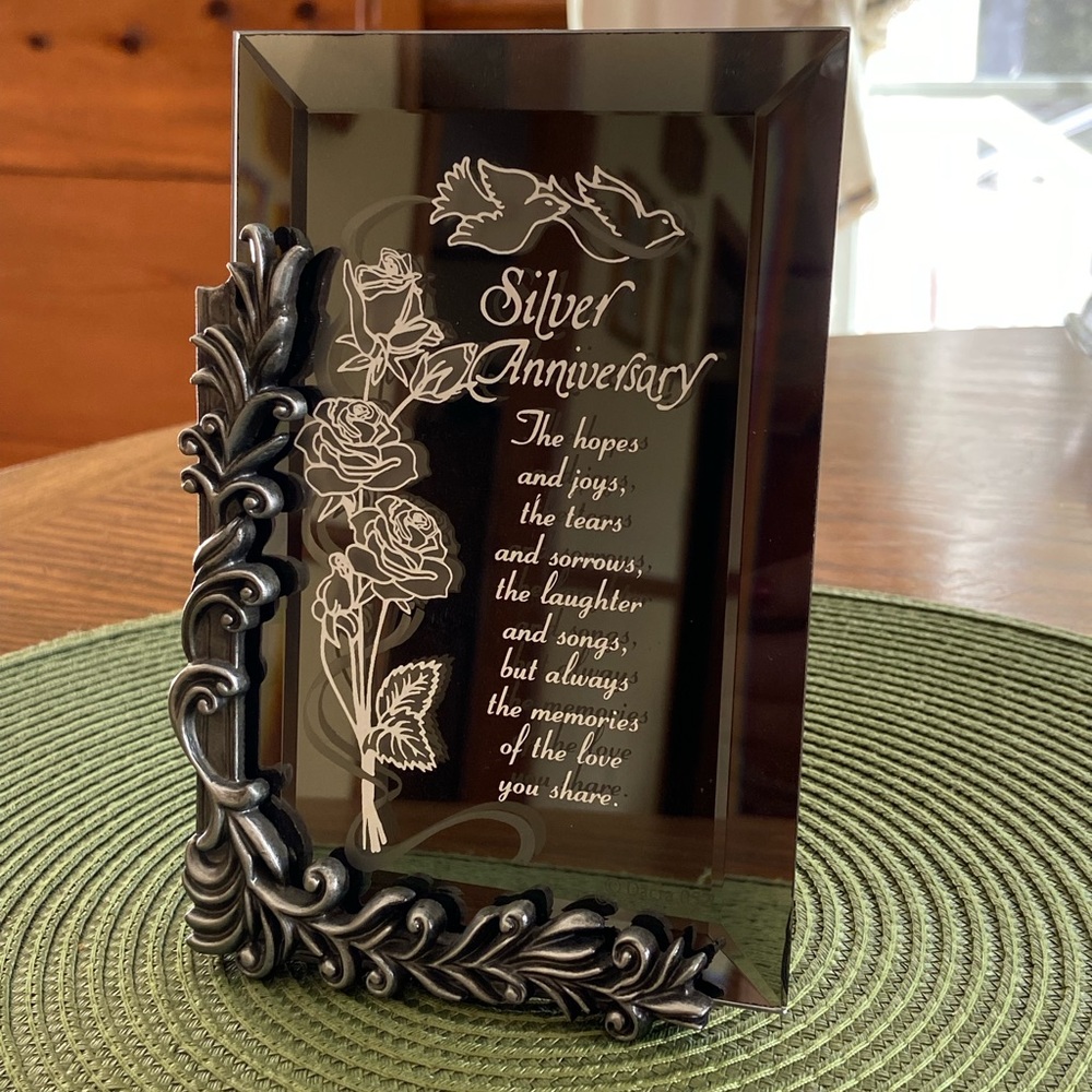 25th Wedding Anniversary Pewter L-Shape Stand Holds Etched Beveled Mirrored Poem